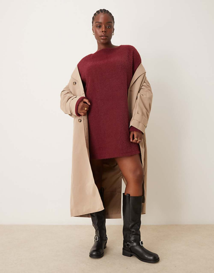 ASOS DESIGN Curve supersoft fluffy slouchy sweater mini dress in burgundy