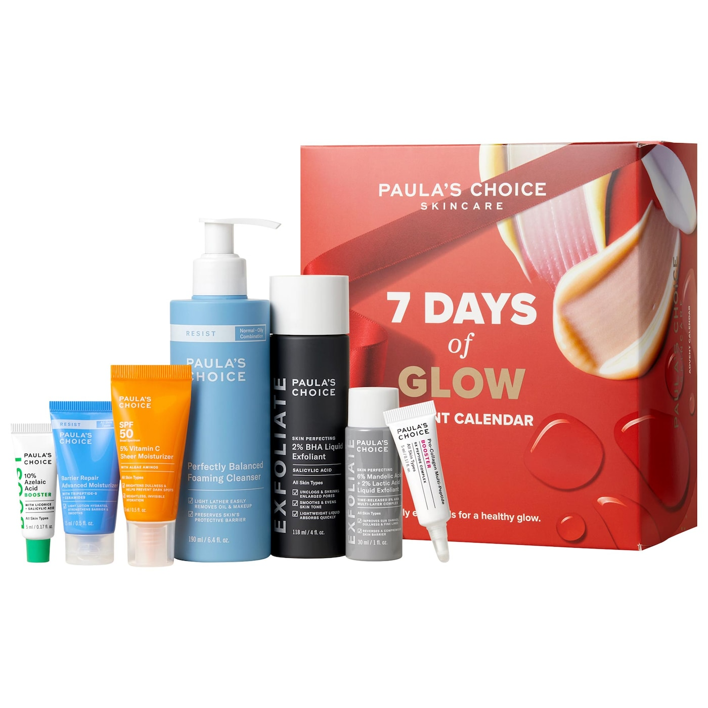 7 Days of Glow Advent Calendar with 2 BHA Peptide Booster 5 Vitamin C Sheer Moisturizer SPF 50