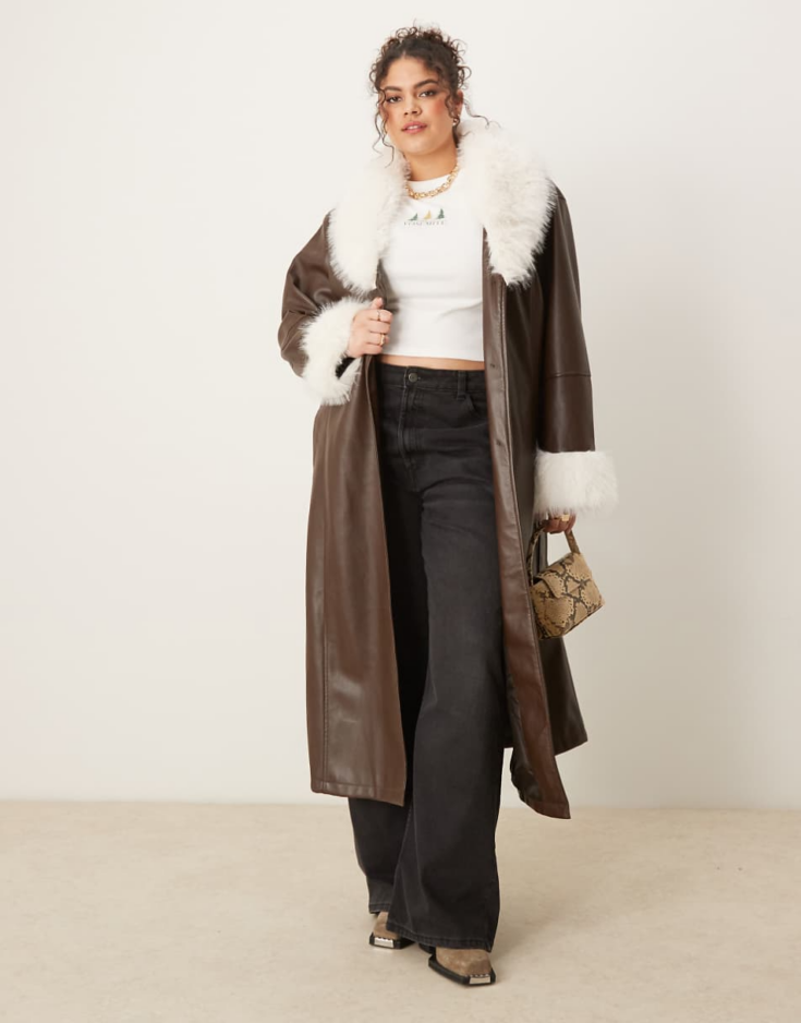 ASOS DESIGN Curve faux fur collar and cuff longline leather look coat in chocolate