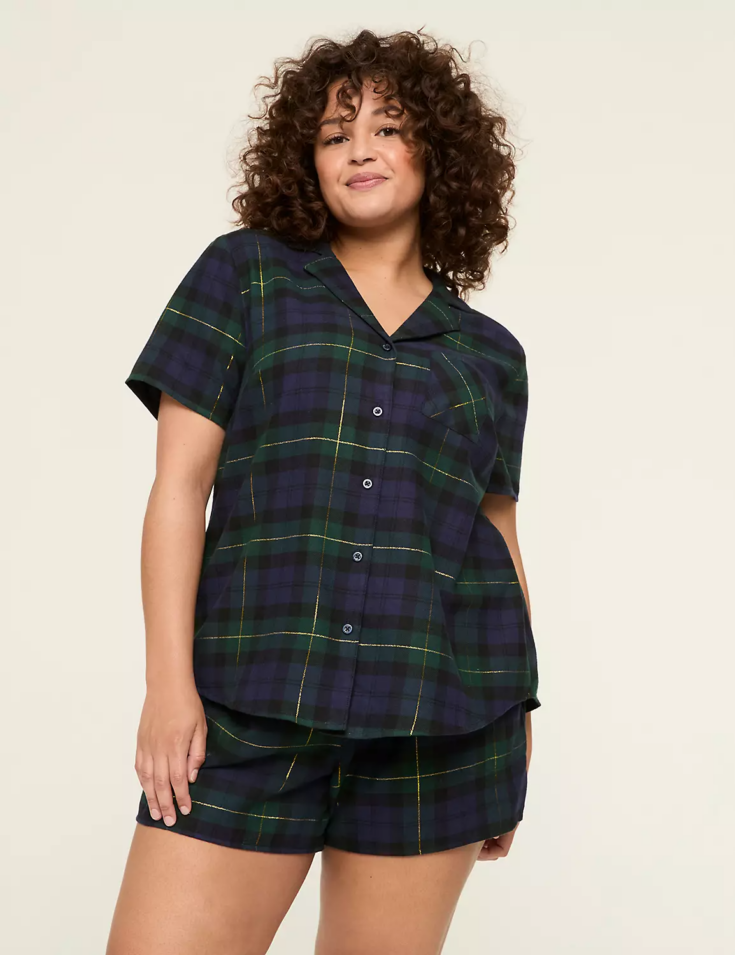 Lurex Flannel Collared Top Short PJ Set