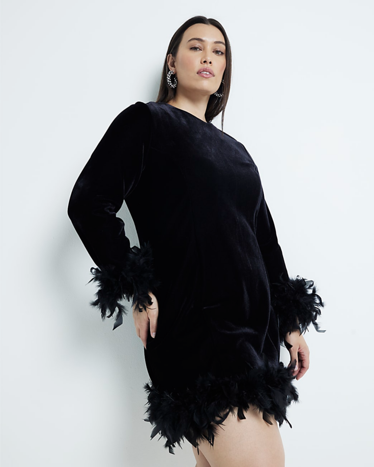 Image for Plus Black Velvet Feathered Hem Dress