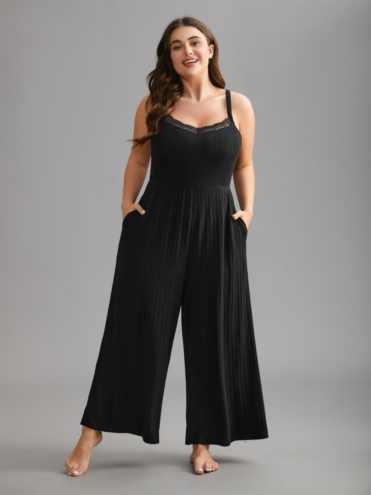 Sheer Lace Neckline Textured Pajamas Jumpsuit