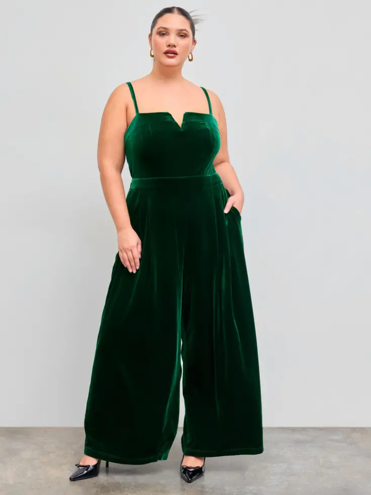 Velvet V neck Solid Pocket Shirred Wide Leg Jumpsuit Curve Plus