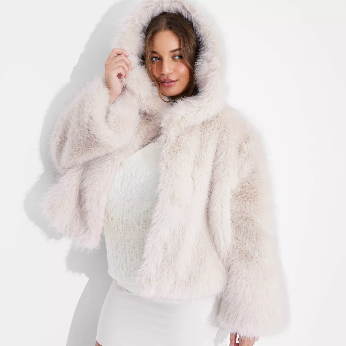 Women's Cropped Hooded Faux Fur Jacket Wild Fable™