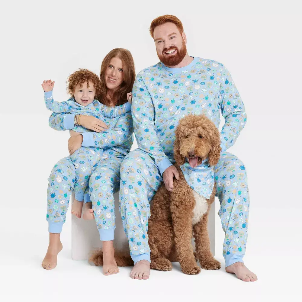 Women's Hanukkah Cotton Ribbed Holiday Matching Family Pajama Set - Blue