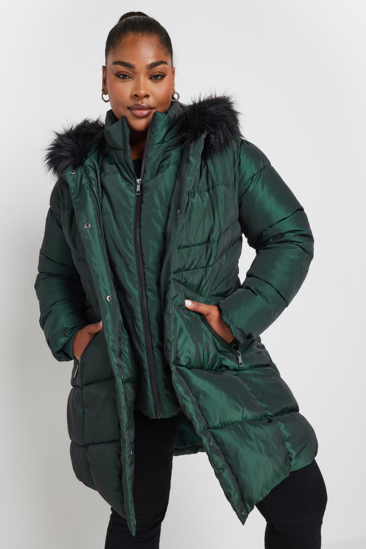 YOURS Curve Forest Green Faux Fur Trim Puffer Coat