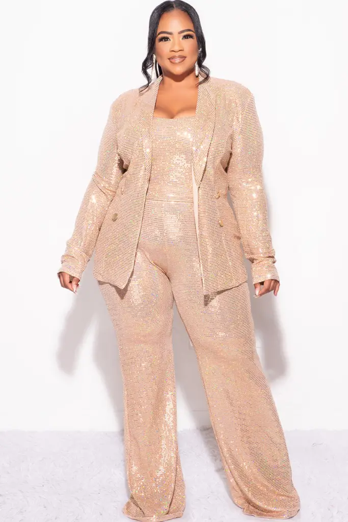 Plus Size 3pc Confetti Dot Knit Sequin Pant Set in Gold (Wide Legs)