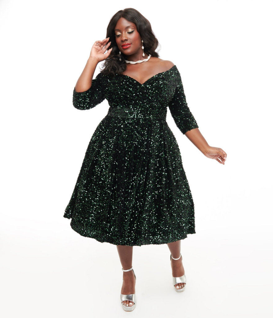 Unique Vintage Plus Size 1950s Green Velvet Sequin Marceline Swing Dress