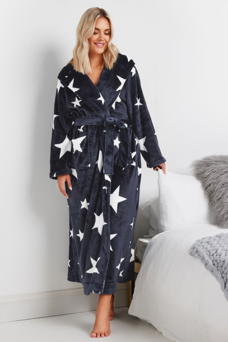 YOURS Curve Navy Blue Star Print Hooded Maxi Dressing Gown