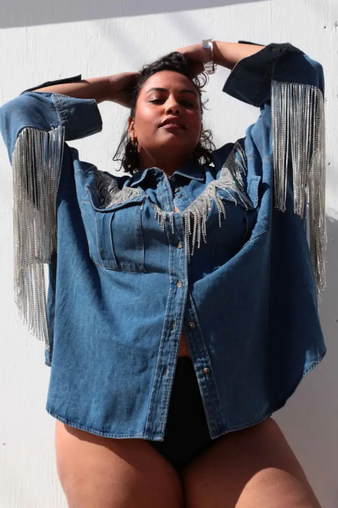 Dolly Collection Rhinestone Denim Shirt- Plus Size Styling Tips 