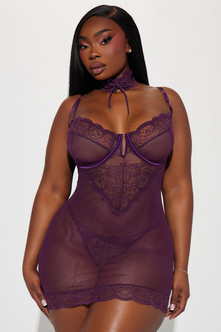 Shy Around You Choker Lace Chemise Set Plum