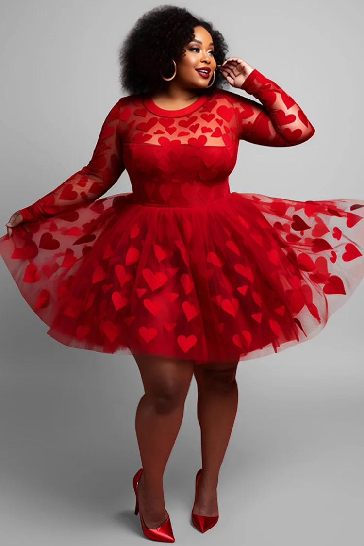 Xpluswear Design Plus Size Valentine Red Graphic Round Neck Long Sleeve See-Through Tulle Mini Dress Pre-Order