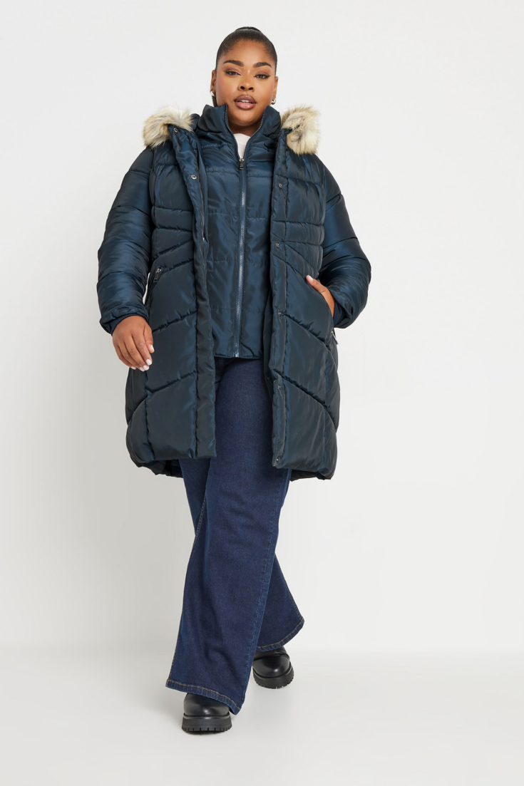 YOURS Curve Navy Blue Faux Fur Trim Puffer Coat