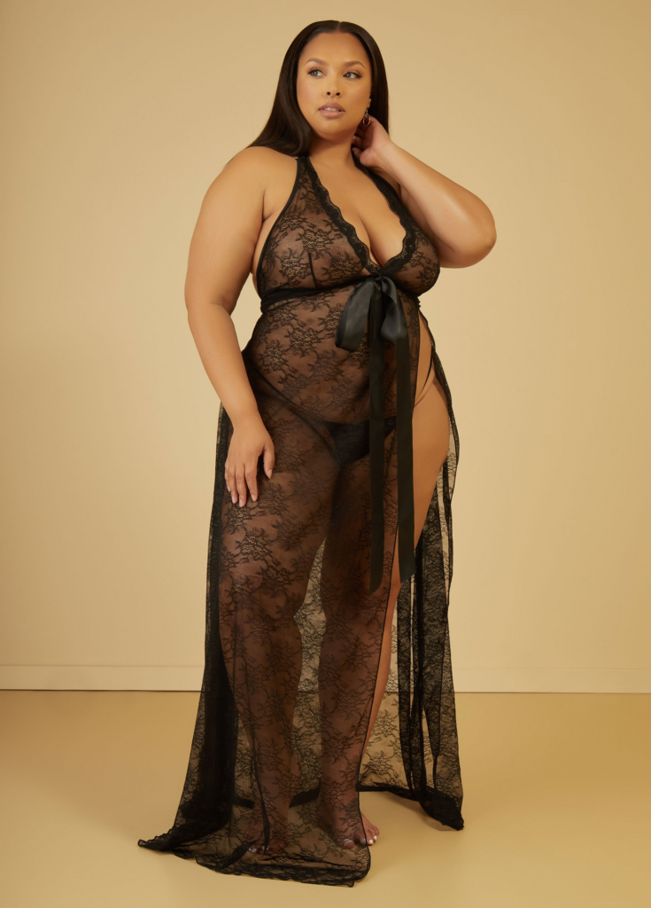 Image for Plus Size Sexy Lingerie Floral Lace Split Nightgown Thong Set
