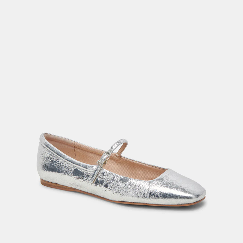 Reyes Wide Ballet Flats Silver Distressed Leather from Dolce Vita, up to size 13W