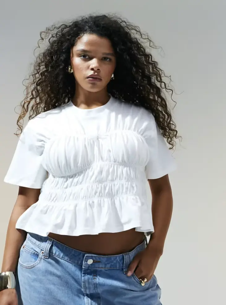 ASOS DESIGN Curve shirred corset waist t-shirt in white, up to size 3x