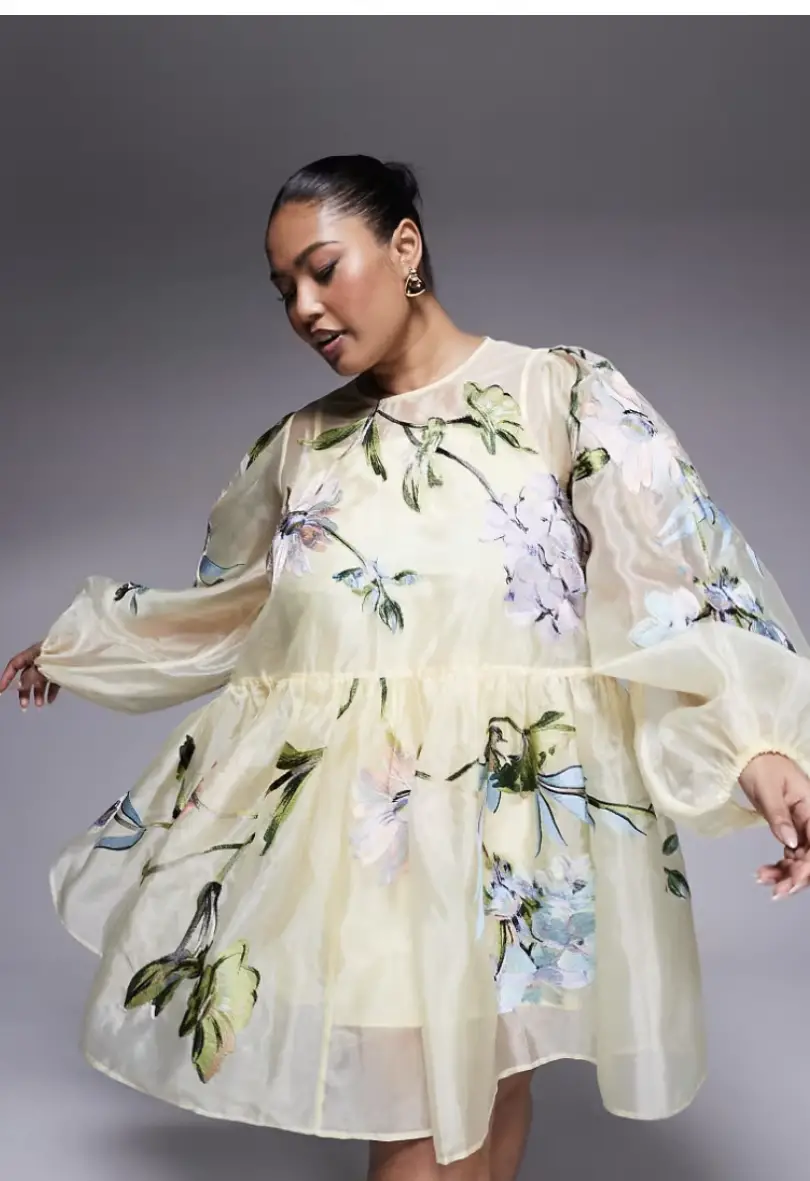 ASOS LUXE Curve oversized organza mini smock dress with floral embroidery in buttermilk, up to size 26