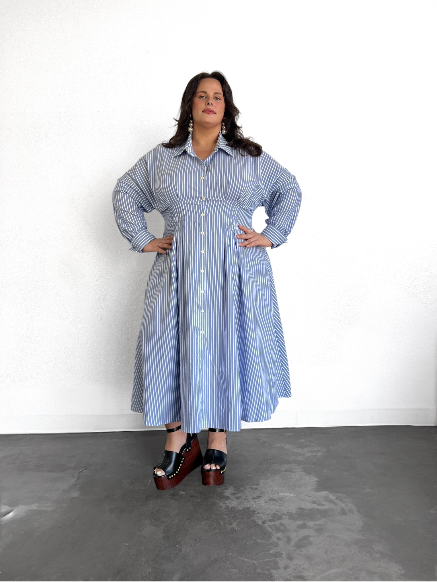 Cinched Waist Shirtdress- Blue/ White Stripe
plus size business casual