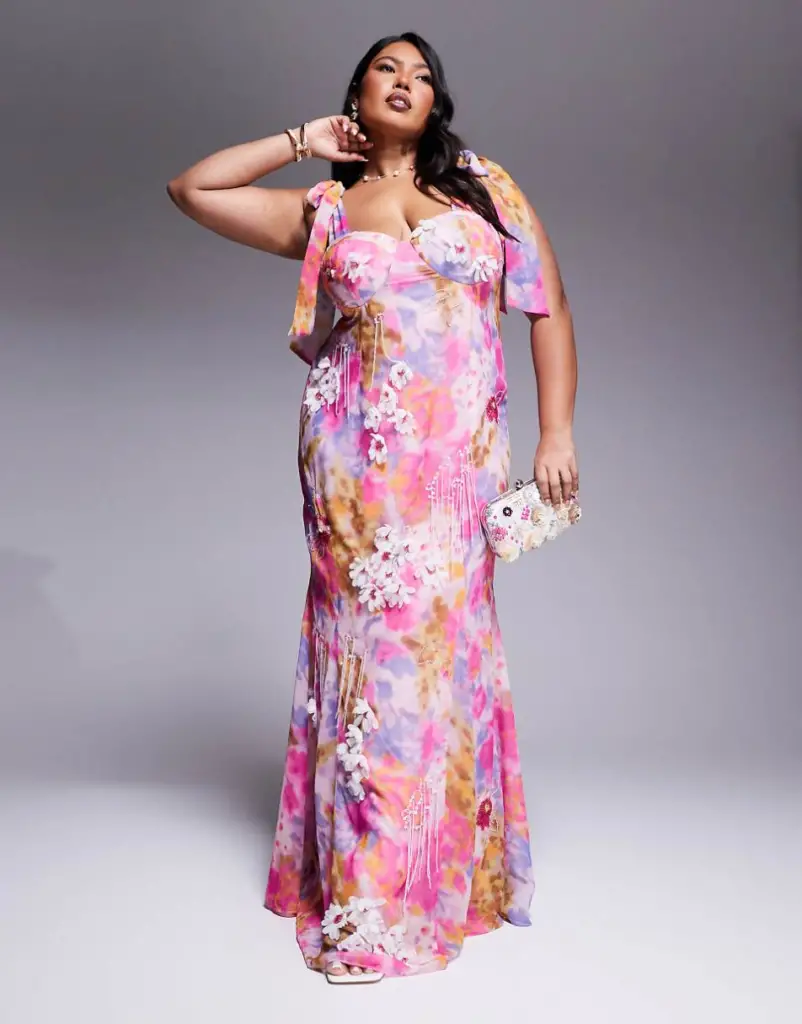 plus size wedding guest dresses- asos curveASOS LUXE Curve embellished printed maxi dress in floral print