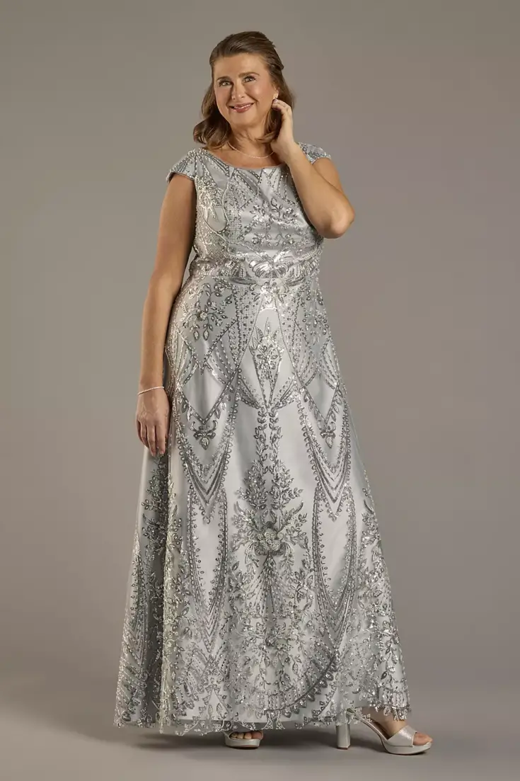Beaded Cap Sleeve A Line Dress