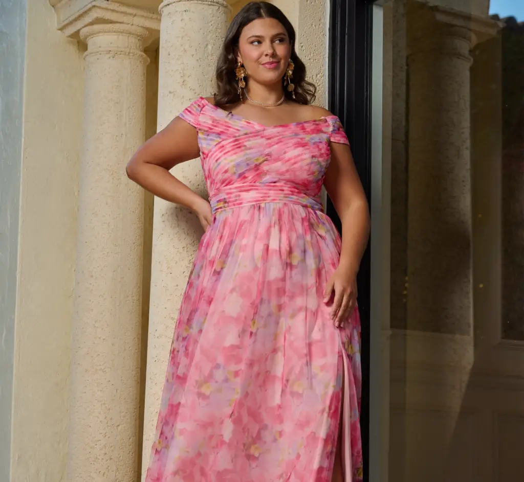 plus size wedding guest dresses, Plus Size Off Shoulder Watercolor Print Tulle Gown In Pink Multi print by adrianna papell