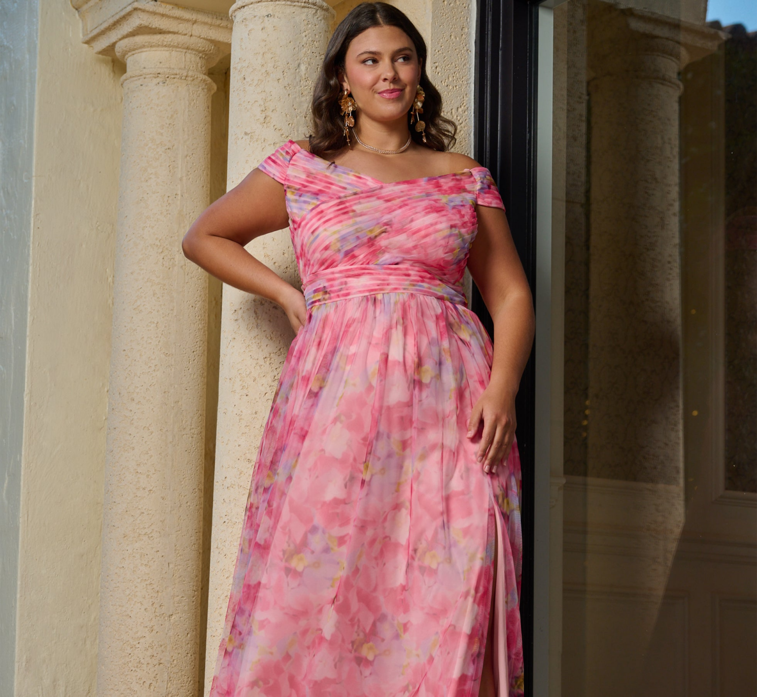 plus size wedding guest dresses, Plus Size Off Shoulder Watercolor Print Tulle Gown In Pink Multi print by adrianna papell
