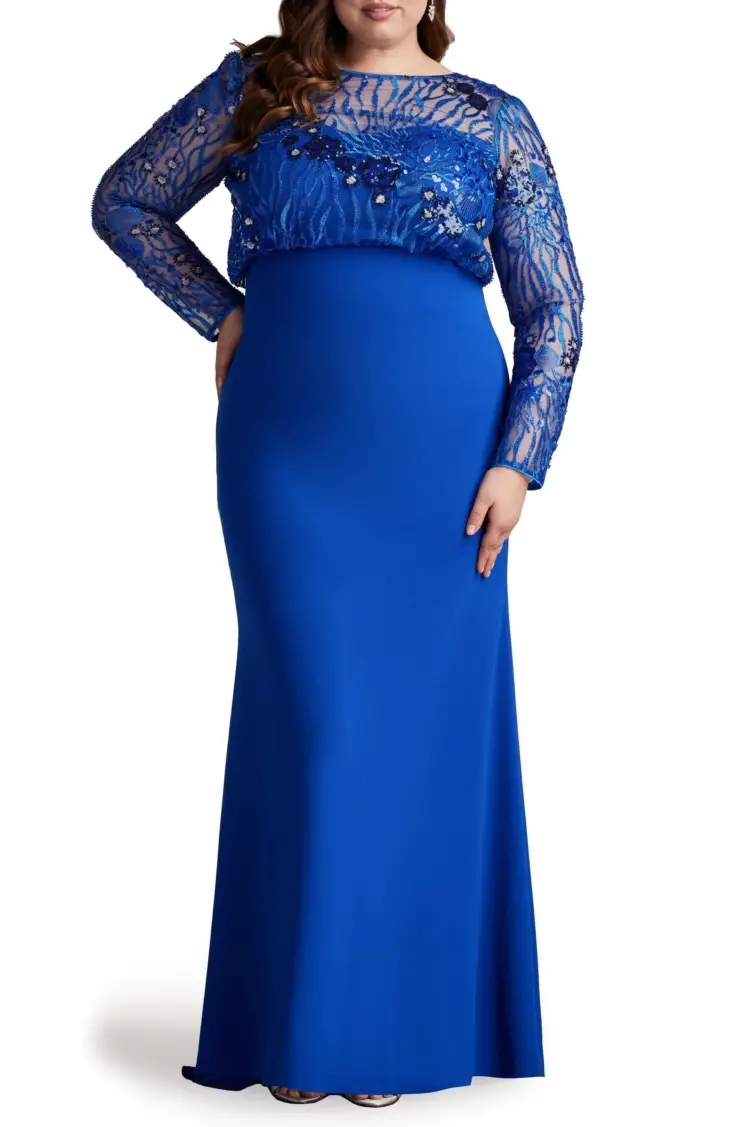 Sequin Blouson Bodice Long Sleeve Gown