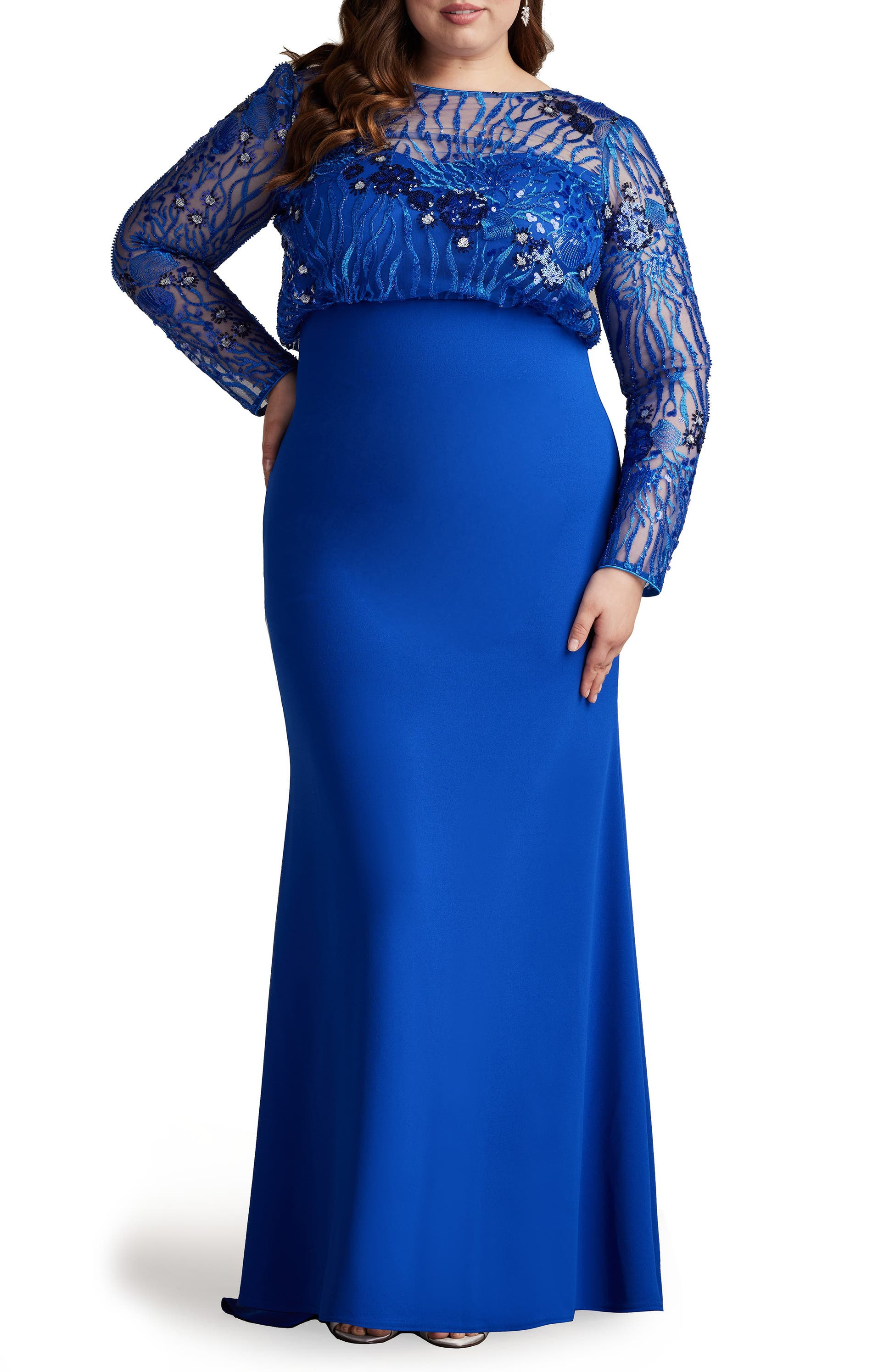Sequin-Blouson-Bodice-Long-Sleeve-Gown- عرض مع هذه الأم زائد الأم لفساتين العريس