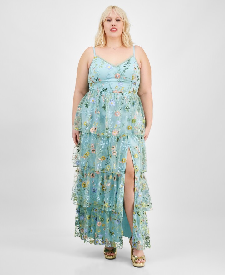 city studios trendy plus size floral embroidered tiered sleeveless gown created for macys lt pas grn
