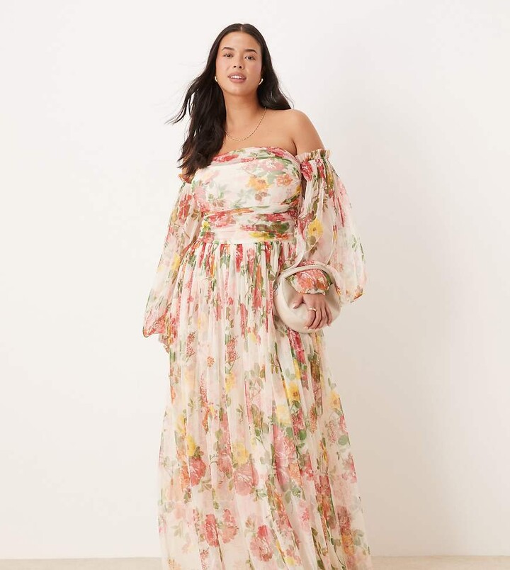 lace beads plus tulle ruffle maxi dress in bright floral