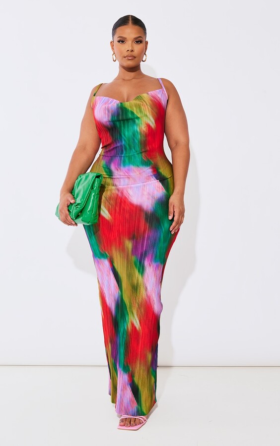 plus multi printed plisse cowl neck maxi dress