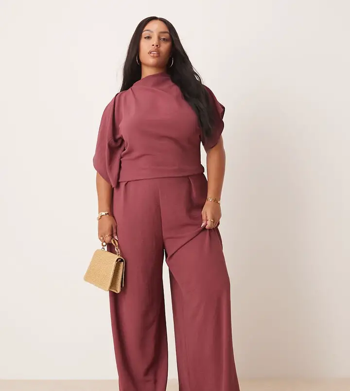 asos curve asos design curve asymmetric drape neck jumpsuit in washed burgundy