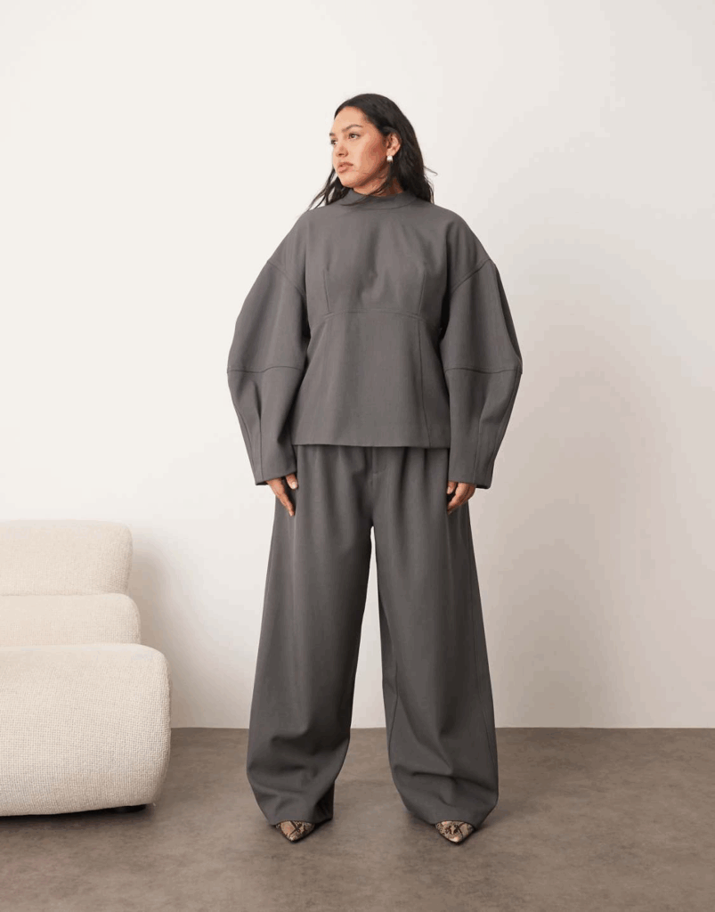 ARRANGE Curve tailored seam detail sculpted top with ovoid sleeves and pleated detail wide leg barrel pants in gray