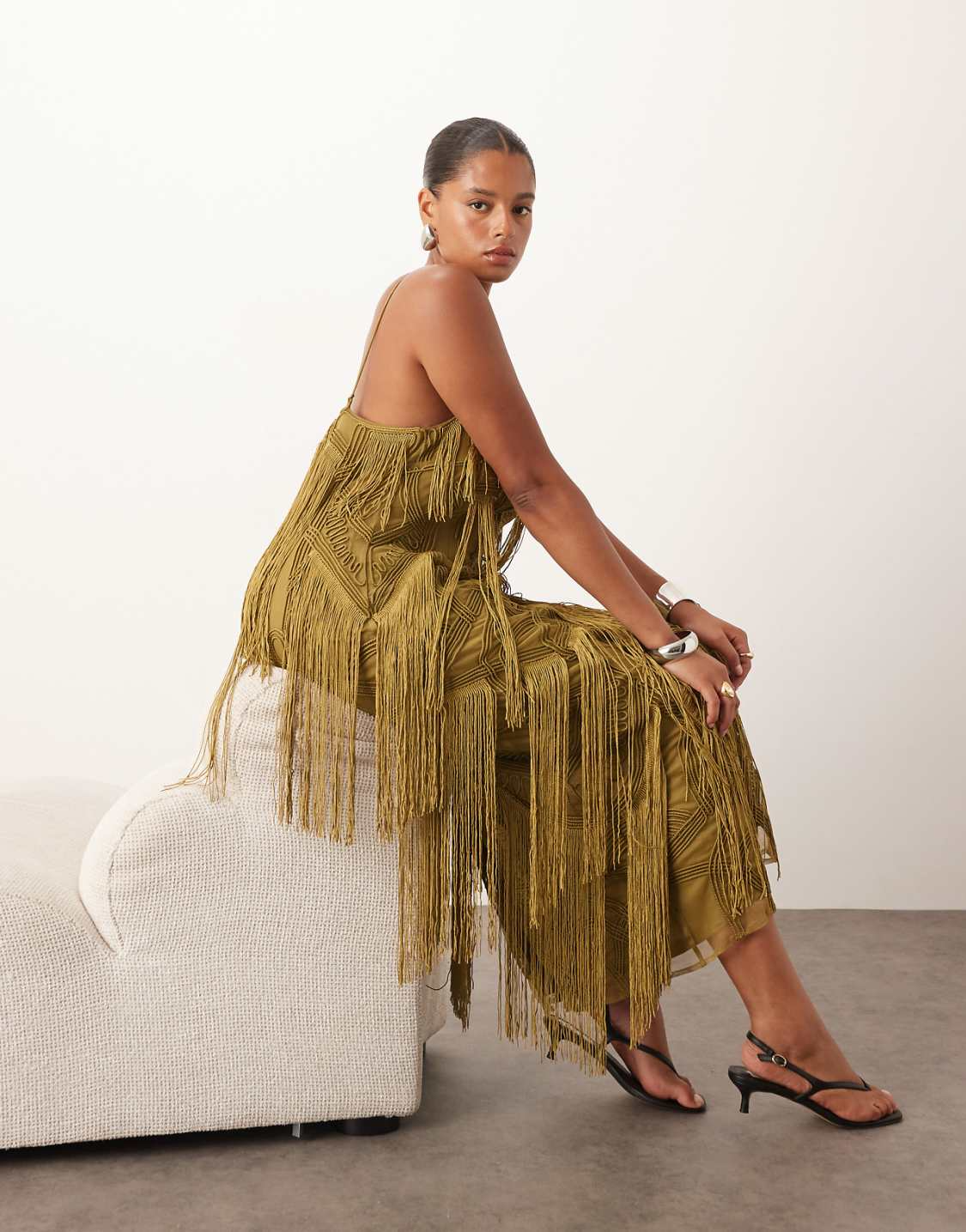 ARRANGE Curve geo fringe cami column maxi dress in moss green
plus size style tips