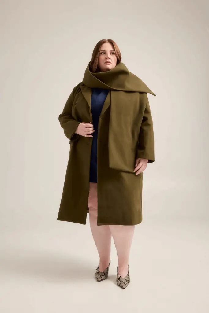 Olive PeaCoat with Detachable Scarf plus size tailoring 