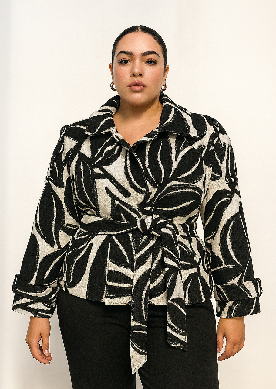 Marlo Short Moto Trench Coat- Black White Leaves
