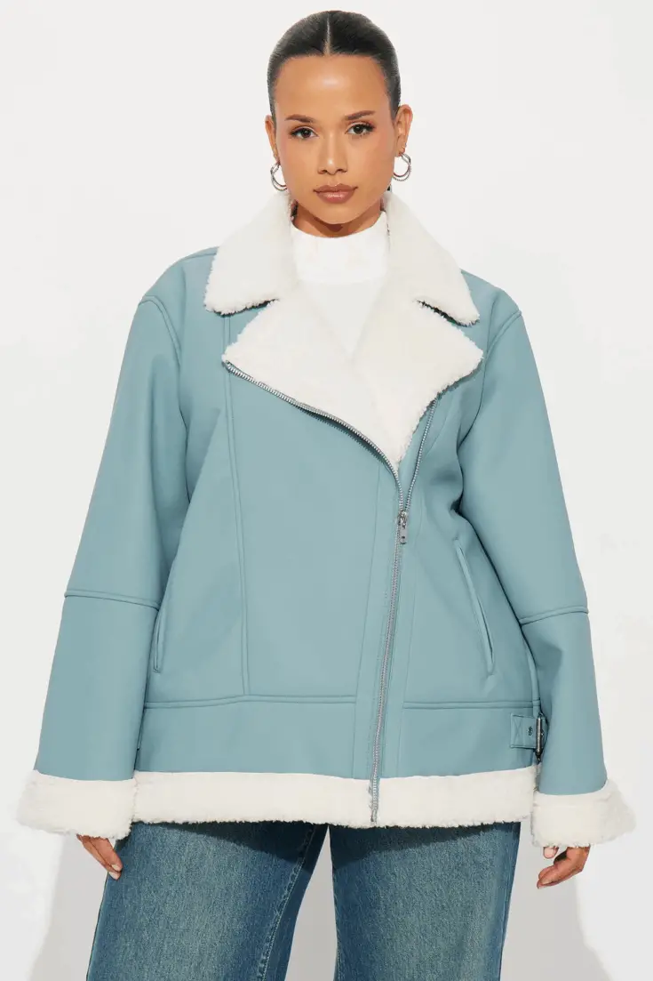 Simone Faux Leather Fur Lined Moto Jacket Dusty Blue