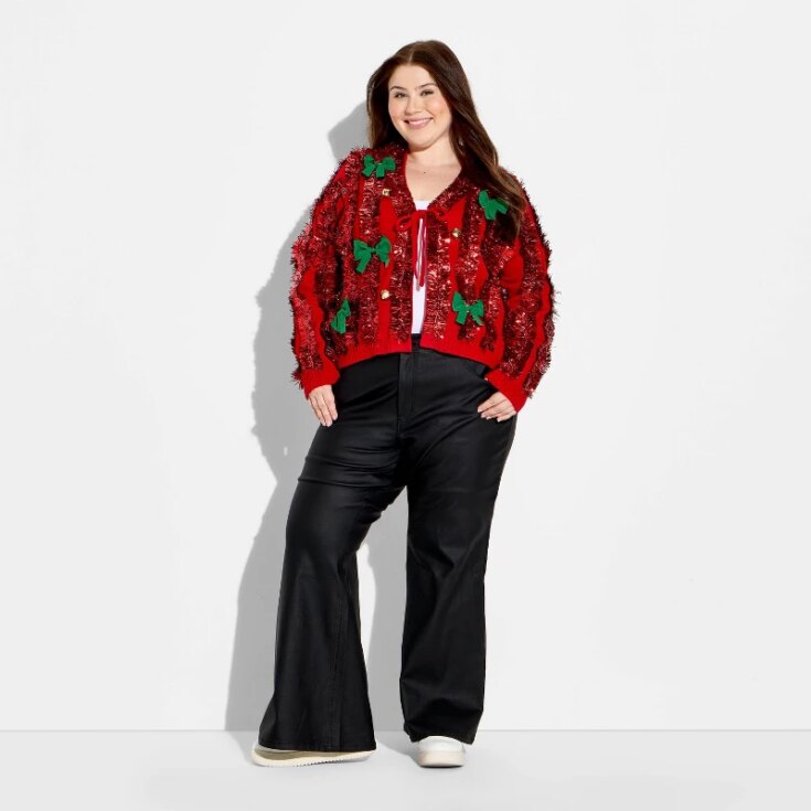 Image for Women's Tinsel Festive Graphic Cardigan - Red