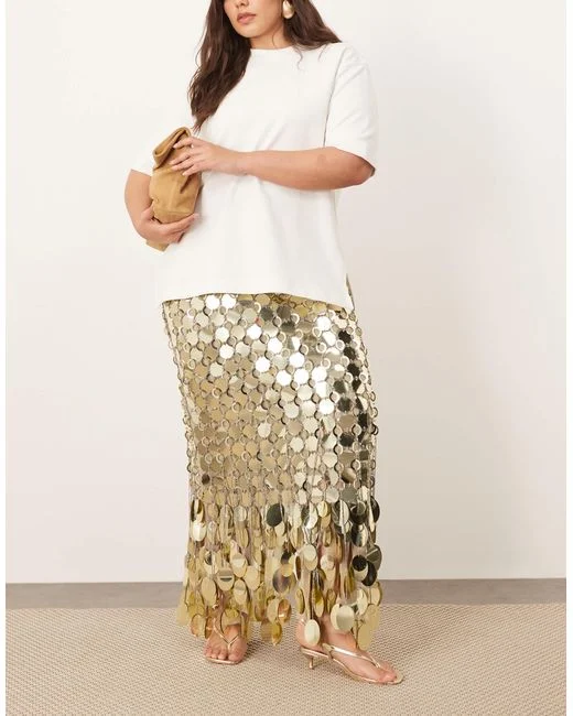 arrange Gold Curve Futurist Sequin Embellished Fringe Hem Midi Skirt