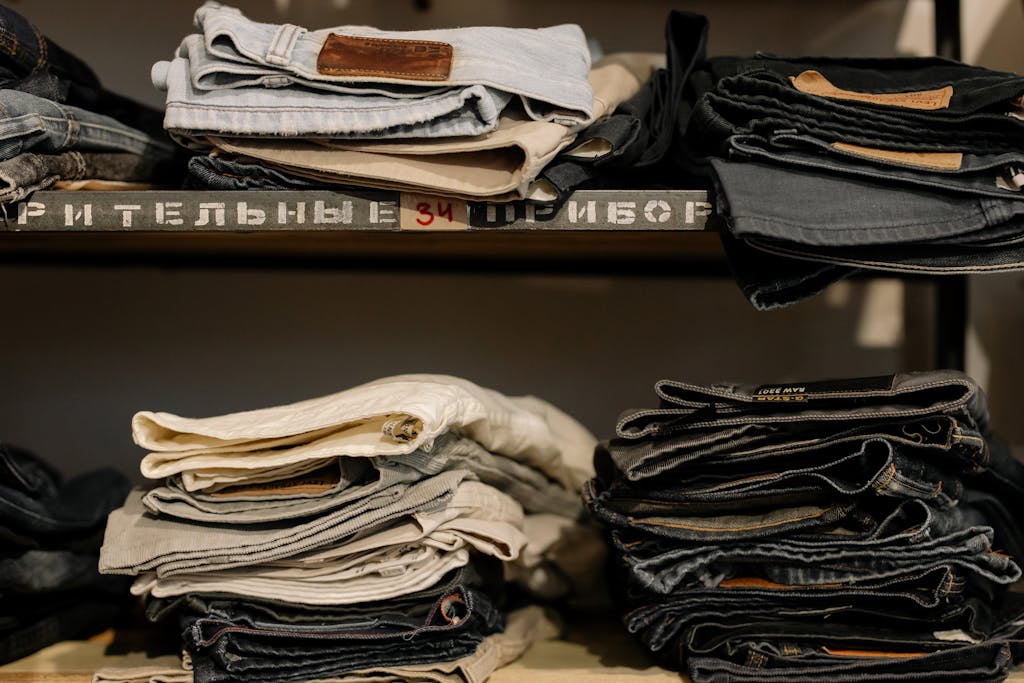 Folded jeans neatly stacked on shelves in a retail store, showcasing various styles and sizes.