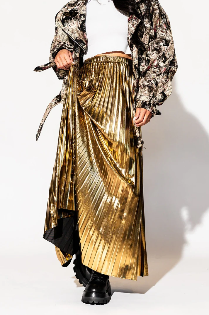 lala original metallic pleated midi skirt in 24 karat gold shipping starts 11223 958041