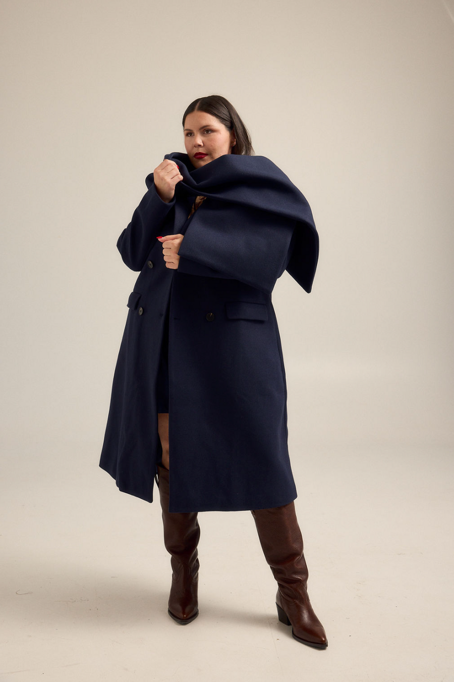 plus size high waist styles Navy PeaCoat with Detachable Scarf