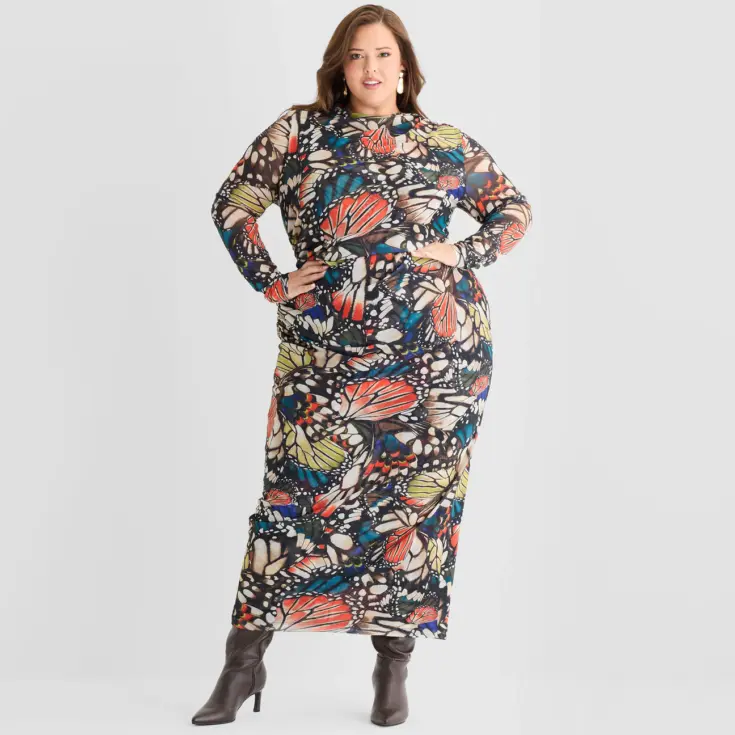 Image for Ashley Graham Mesh Womens Plus Long Sleeve Butterfly Bodycon Dress