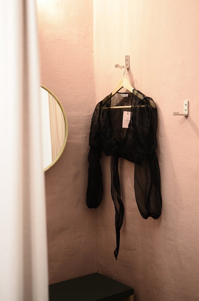 Interior of room for trying clothes on with mirror and blouse on wall
dressing room anxiety