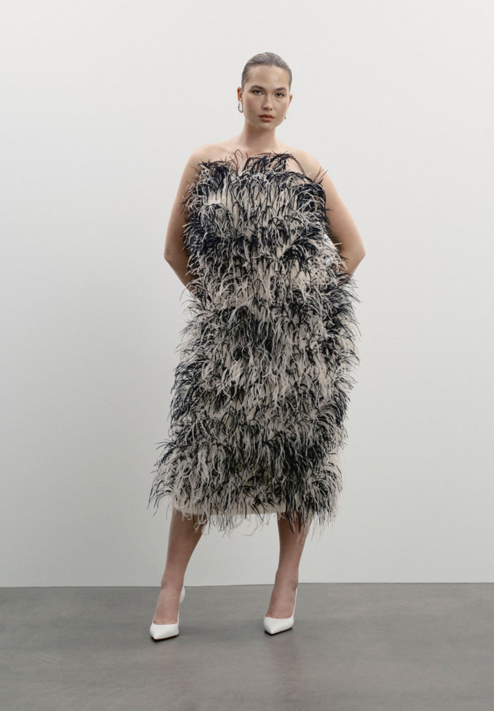 11 Honoré relaunch plus size Ostrich Feather Strapless Dress