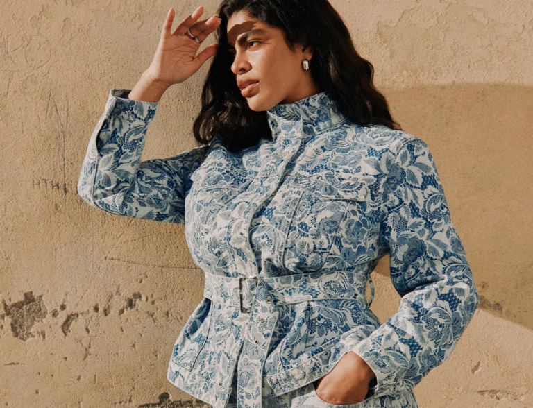 Lace Printed Denim Belted Jacket