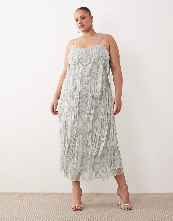 Image for ARRANGE Curve geo fringe cami column maxi dress in dusky blue