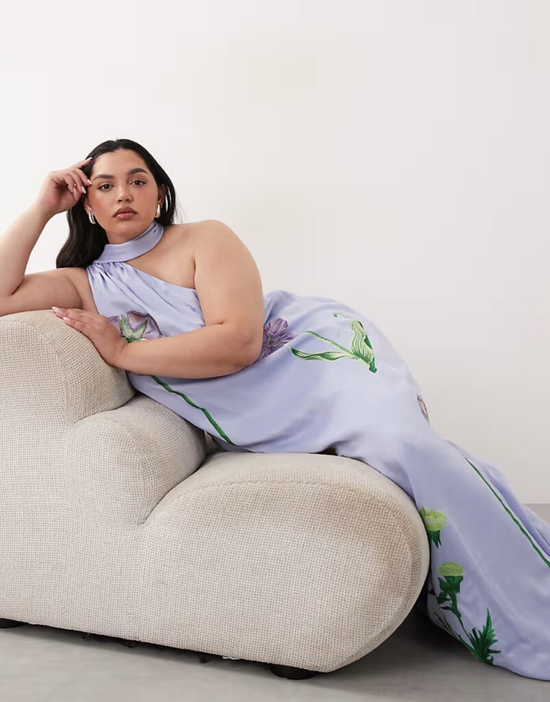 Curve botanical floral embroidered one shoulder plus size maxi dress in dusky blue