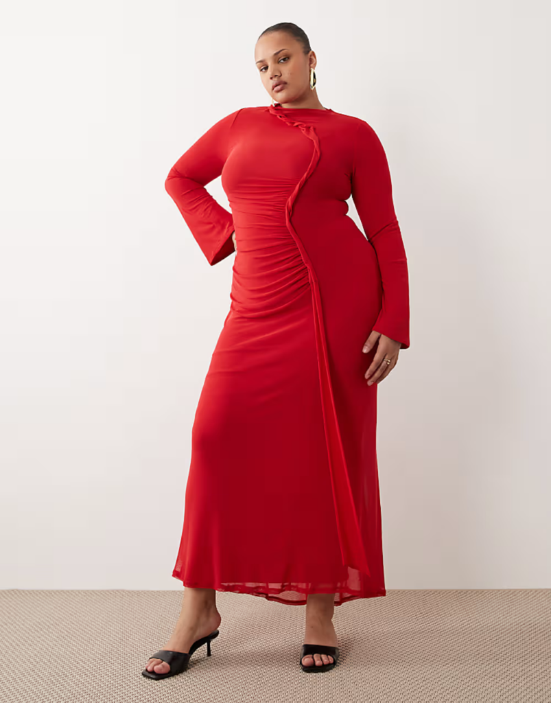 ASOS DESIGN Curve mesh long sleeve maxi dress with twist detail in red 