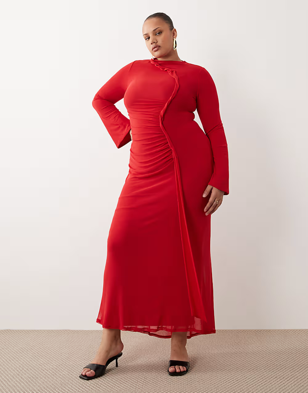 ASOS DESIGN Curve mesh long sleeve maxi dress with twist detail in red